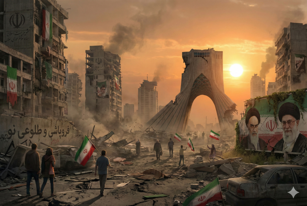 تصویرسازی هنری و نمادین از میدان آزادی تهران در فضایی پسا-آخرالزمانی؛ ساختمان‌های نیمه‌ویران، بقایای پوسترهای حکومتی بر دیوارها و مردمی که از میان آوارها به سوی طلوع خورشید و نوری جدید حرکت می‌کنند